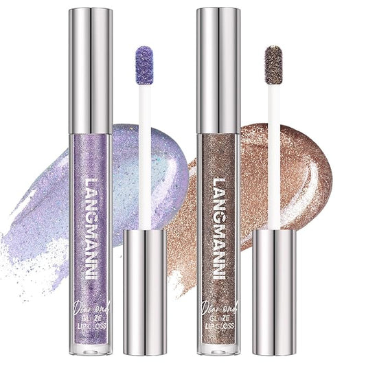 LANGMANNI 2 Colors Diamond Glitter Lip Gloss Set,Long Lasting High Shine Shimmer Liquid Lipstick Set,Hydrating,Moisturizing Lip Gloss Kit Gift Makeup For Girls(#07+08)
