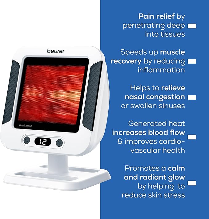 Beurer IL60 Infrared Heat Lamp for Red Light Therapy for Face, Body, Sinus & Skin, Pain Relief & Muscle Recovery, Adjustable Treatment Time, Protective Eyewear Included