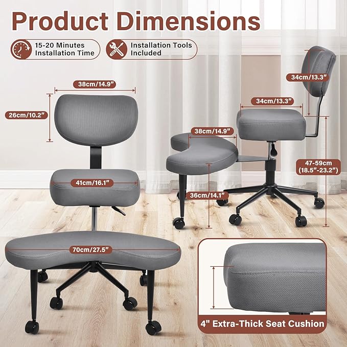 Meditation Chair, Cross Legged ADHD Office Chair for Adults with Wheels Ergonomic Back Support and Leg Rest for Multi Position Criss Cross Sitting Kneeling and Yoga Height Adjustable, Mesh Style