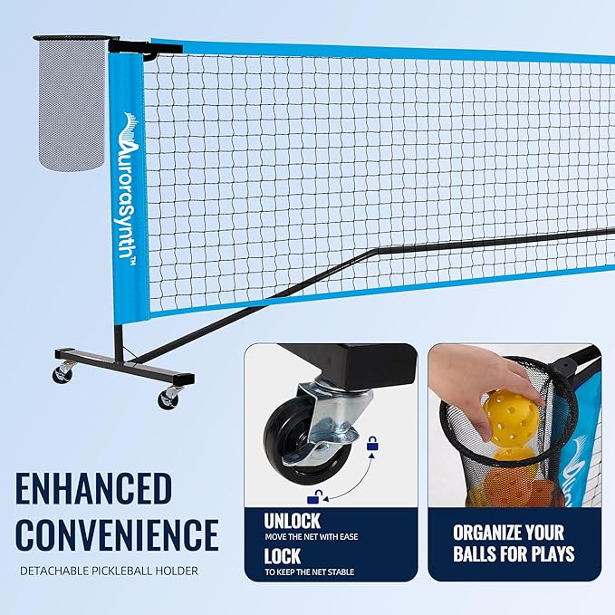 AuroraSynth Portable Pickleball Net Set with Wheels, 22 x 3ft Regulation Size Pickle Ball Net with Ball Collector, 4 Pickle Balls, 4 Pickleball Paddles, Carry Bag for Backyards, Driveway, Garage