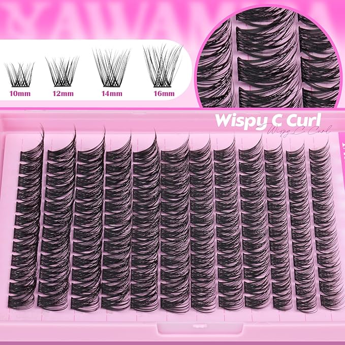 Yawamica Wispy Lash Clusters C Curly Individual Lashes DIY Cluster Eyelash Extensions 10-16mm Natural Eyelash Clusters 144 pcs Soft Lashes Clusters with Thin Lash Band DIY Lash for Self Application