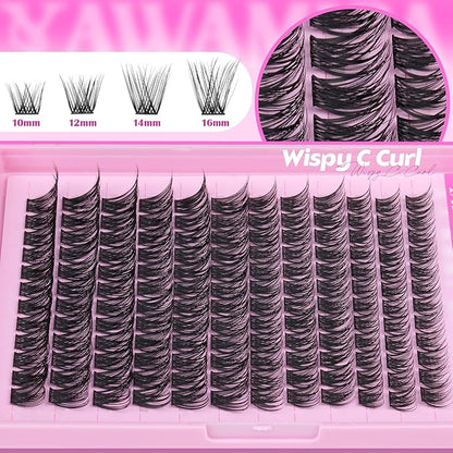 Yawamica Wispy Lash Clusters C Curly Individual Lashes DIY Cluster Eyelash Extensions 10-16mm Natural Eyelash Clusters 144 pcs Soft Lashes Clusters with Thin Lash Band DIY Lash for Self Application