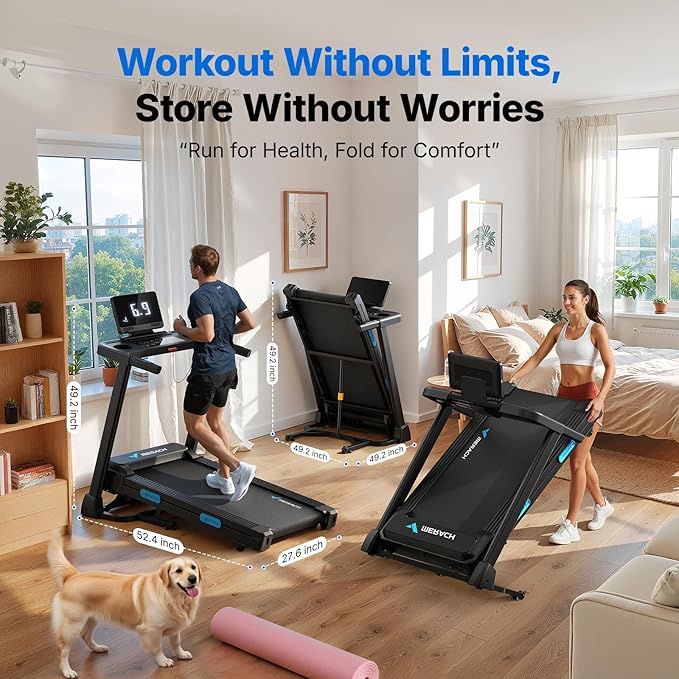 MERACH Treadmills for Home with Incline 6%-15%, 300 LBS Capacity Double Deck Foldable Treadmill with Incline, 0.5-7.5MPH Quiet 2.5HP Brushless Incline Treadmill LED Display with Smart APP