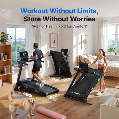 MERACH Treadmills for Home with Incline 6%-15%, 300 LBS Capacity Double Deck Foldable Treadmill with Incline, 0.5-7.5MPH Quiet 2.5HP Brushless Incline Treadmill LED Display with Smart APP