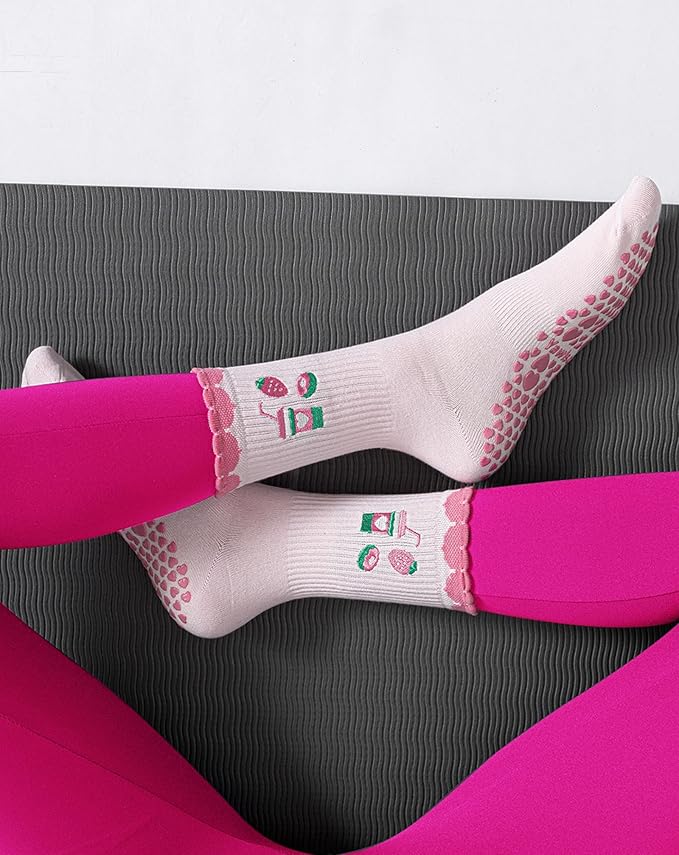 Yawlsow Pilates Grip Socks for Women Yoga Grippy Socks Cute Barre Non Skid Athletic Crew Sticky Sock Workout Hospital