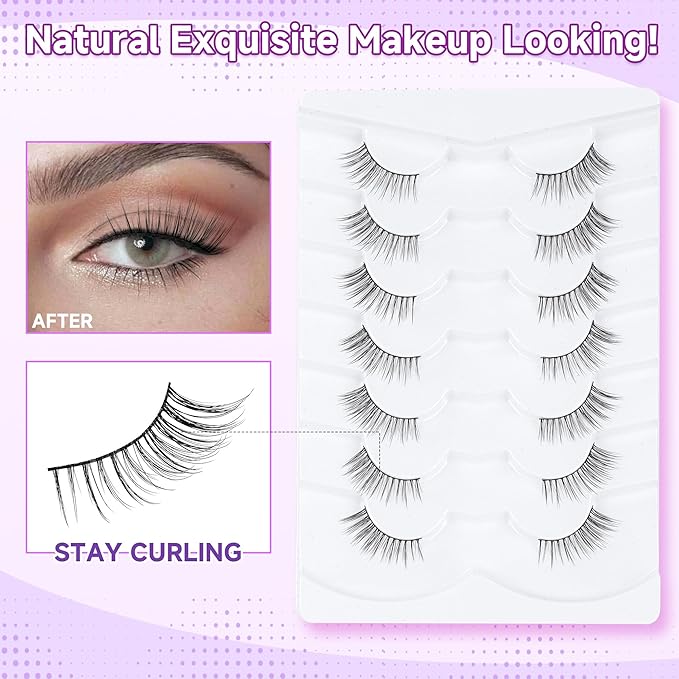 Half Lashes False Eyelashes Natural Cat Eye Lashes 10mm Short Eyelashes 3D Volume False Lashes Soft Strip Lashes Pack C Curl Natural Eyelashes Half Fake Lashes 7 Pair EVENTILL
