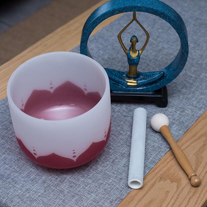 Leize Quartz Crystal Singing Bowl C Note 432 hz Root Chakra Red Lotus Design 12" Wide with Suede Striker
