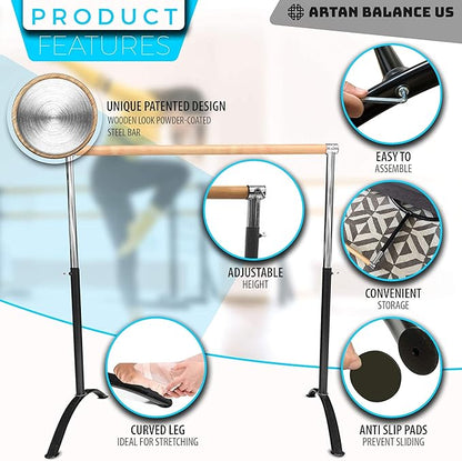 Ballet Barre Portable for Home or Studio, Height Adjustable Bar for Stretch, Pilates, Dance or Active Workouts, Single or Double Bar, Kids and Adults