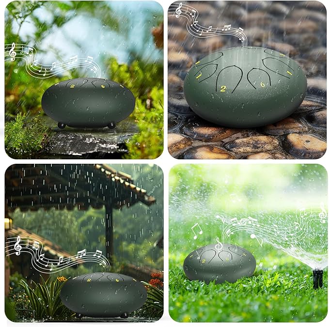 Rain Drum for Outside Garden, 6 Inches 8 Notes Steel Tongue Chakra Drums, Waterproof Meditation Rain Chime, Musical Instruments for Adult Gift with Bag, Music Book, Drum Mallets (Green)