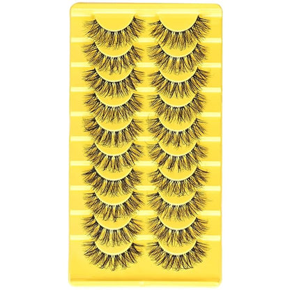 Mink Lashes Clear Band Natural Eyelashes 10 Pairs Reusable Fake Lash 6D Curl Short False Eyelash Small Volume Cluster Strip Lashes Wispy Eyelash Packs