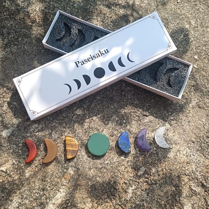 7 Chakra Stones Set Moon Phase Carved - Natural Gemstone Reiki Healing Crystal Quartz for Meditation, Healing, Collectable