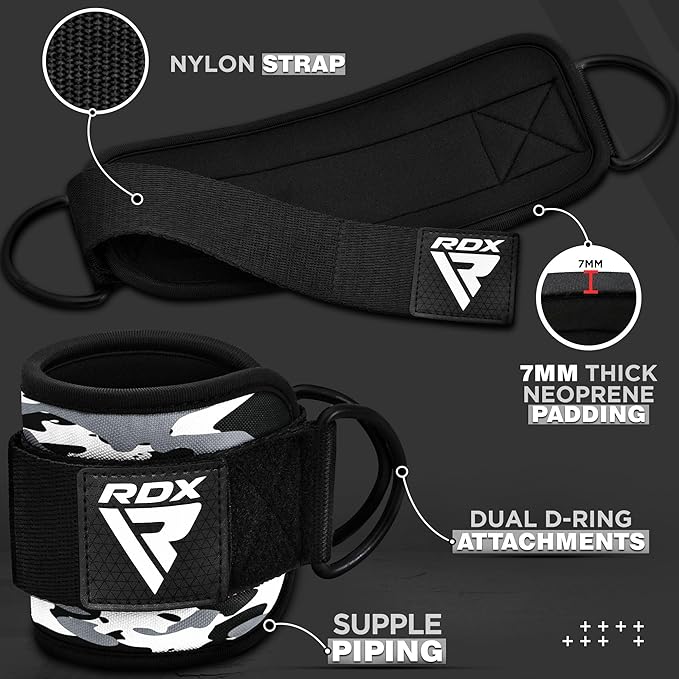 RDX Ankle Straps for Cable Machines – 7MM Neoprene Padded 10"x4" Adjustable Gym Cuffs with Dual D-Rings – Weight Attachments for Wrist Glutes Leg Kickbacks Hip Abduction Strength Workouts – Men Women