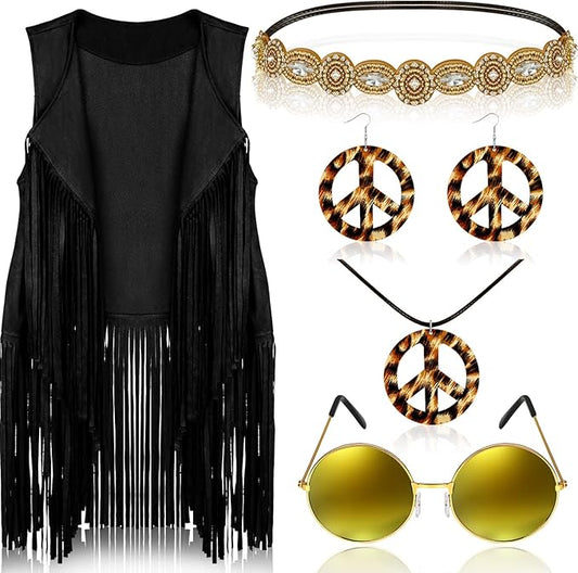 6 Pcs 60s 70s Outfits for Women Hippie Costume Set Peace Sign Earring Headband Fringe Vest Tassel Cardigan