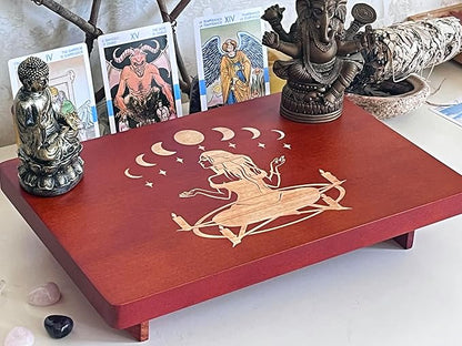 Altar Table, Meditation Table, Small Altar Table, Wooden Witch Altar, Wiccan Alter Table, Buddhist Shrine, Engraved Witch Pentacle with Surrounding Candles on Table Top, 12 × 8 inches