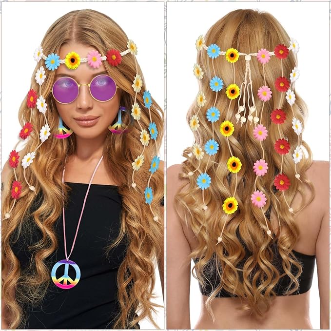 6 Pcs Hippie Costume Accessories Set, Flower Hippie Headband Boho Peace Sign Necklace Earrings Sunglasses Bracelet