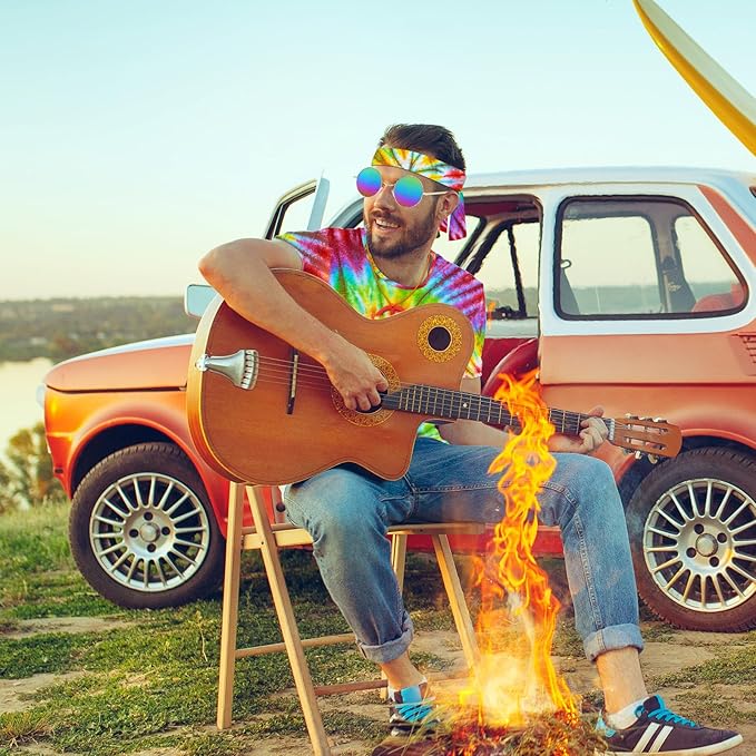 Hippie Costume for Men Women 4PCS Mens 60s 70s Outfit Set Colorful Hippie Shirt Sunglasses Headband Peace Necklace