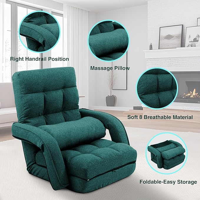 Adjustable Floor Chair for Adults with Back Suppor,5-Position Folding Lazy Sofa with Pillow, Gaming & Meditation Chair with Breathable Fabric - for Living Room, Bedroom, Office,Balcony (Green)