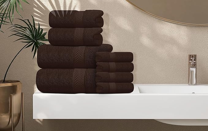 Oakias Premium Towel Set 600 GSM 8 Piece Brown - 100% Ring Spun Cotton Highly Absorbent Towels Set - Super Soft Bathroom Towel Set - Hotel Quality Double Stitched Hem - Ideal for Hotels, Spa, Gyms