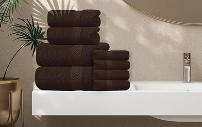 Oakias Premium Towel Set 600 GSM 8 Piece Brown - 100% Ring Spun Cotton Highly Absorbent Towels Set - Super Soft Bathroom Towel Set - Hotel Quality Double Stitched Hem - Ideal for Hotels, Spa, Gyms