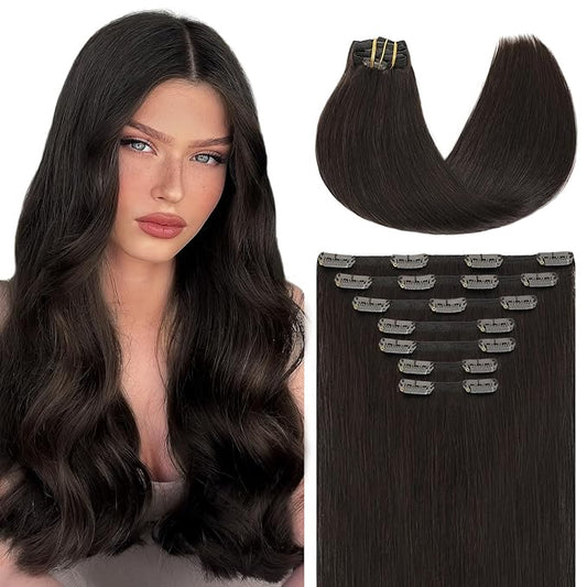 Youngsmile Clip in Hair Extensions Real Human Hair, 14 Inch 7pcs 140g, Color #2 Darkest Brown,Double Drawn,Silk Straight Clip in Hair Extensions Human Hair(7C#2-14Inch)