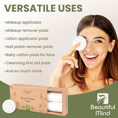 Cotton Round Pads for Face 200 Pack - 3 Layer Eye Makeup and Nail Polish Remover - Lint Free Cleansing Circle Pad for Facial Exfoliating, Toner - Travel Size Skin Care Rounds