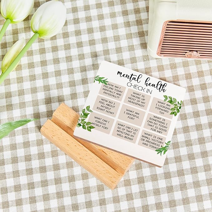 Mental Health Inspirational Gift, Positive Self Affirmations Wooden Sign, Mental Health Check in Wood Sign with Wooden Stand, Cheer Up Gifts for Psychologist School Counselor Student Boy Girl