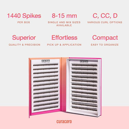 Curacoro LashFolio Wet Promade Fans, Handmade Volume Eyelashes, 5D To 10D, C CC D Curl, 0.03~0.07 mm, 8-13mm Mix Length, Professional Long-Lasting Promade Lash Fans (5D-0.07 C 8mm-13mm)