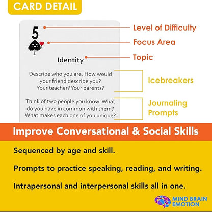 Mind Brain Emotion 52 Essential Conversations for Home, Therapy, Speech, School Classroom - Conversation Cards for Kids, Family, Teacher & Counselor to Build Growth Mindset & Communication Skills