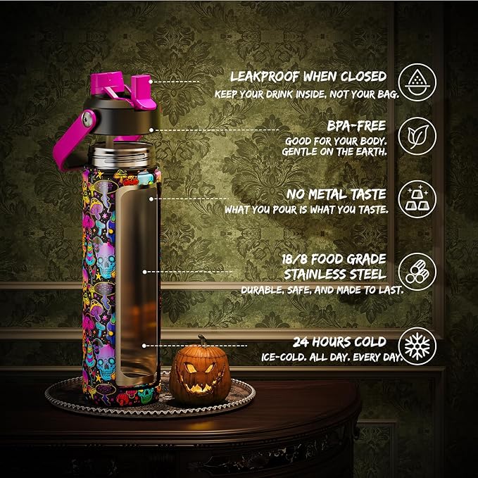 Halloween Insulated Water Bottle with Straw, Stainless Steel Water Bottle, Leak Proof BPA-Free, Keeps Cold for 24 Hours for Sports, Skull Spooky Holiday Gifts (26 oz, Trippy Skulls)