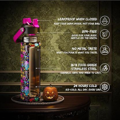 Halloween Insulated Water Bottle with Straw, Stainless Steel Water Bottle, Leak Proof BPA-Free, Keeps Cold for 24 Hours for Sports, Skull Spooky Holiday Gifts (26 oz, Trippy Skulls)