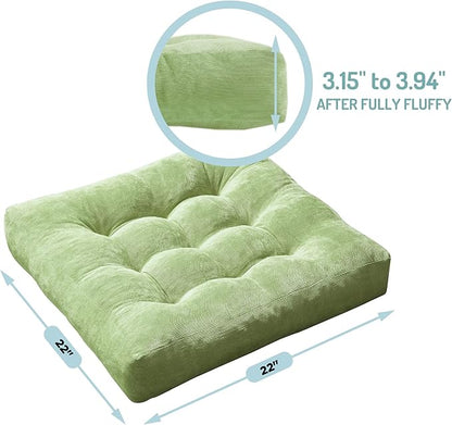 Meditation Floor Pillow Set of 2, Square Large Pillows Seating for Adults, Tufted Corduroy Cushion for Living Room Tatami, Green 22x22 Inch