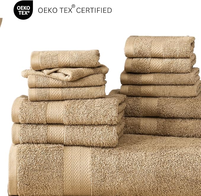 LANE LINEN 100% Cotton Towels Set for Bathroom - 24 Pc - Absorbent, Fast Drying, Machine Washable, Soft & Fluffy - 2 Bath Sheet, 4 Bath, 6 Hand Towel, 8 Washcloth, 4 Fingertip - Eco Friendly - Beige