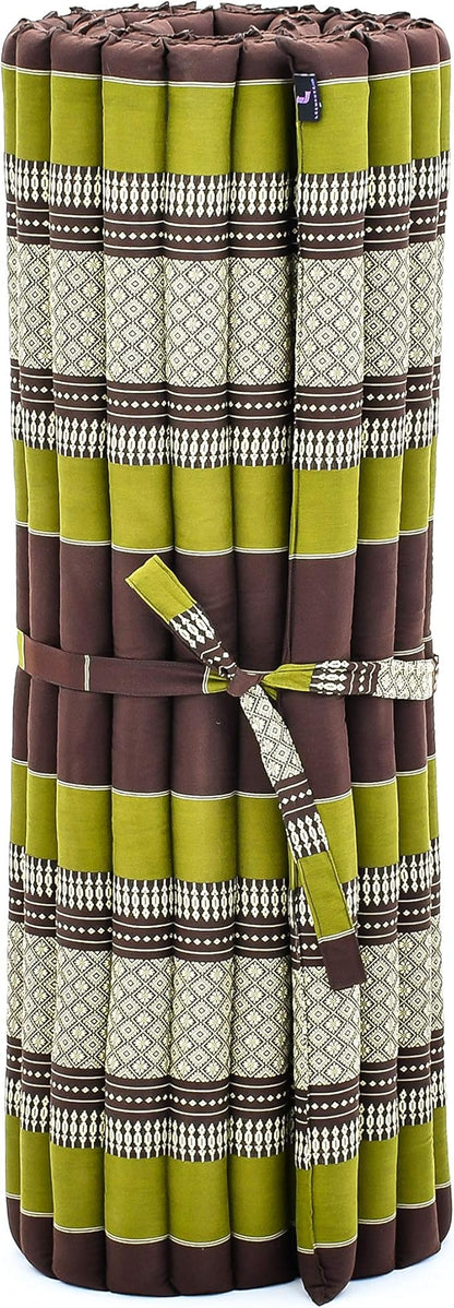 Leewadee - Kapok Roll Mat – Handcrafted Folding Sleep & Relaxation Mattress from Thailand, Ideal as Guest Bed, Camping Mat, Yoga Mat or Traditional Futon, 75 x 39 inches, Brown Green