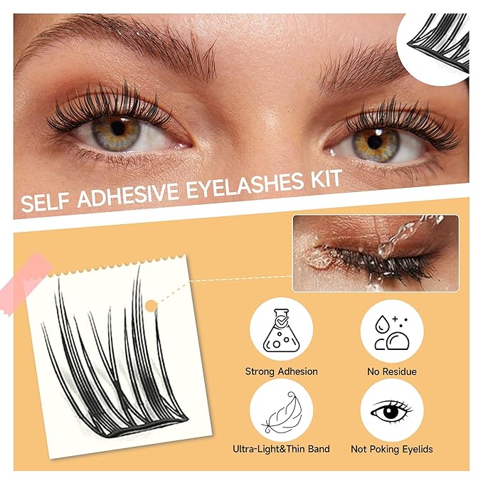 Self Adhesive Lash Clusters Kit, 10-14mm Self Adhesive Eyelashes Kit, DIY Eyelash Extensions, Natural Look Lashes No Glue Needed(R9-04)