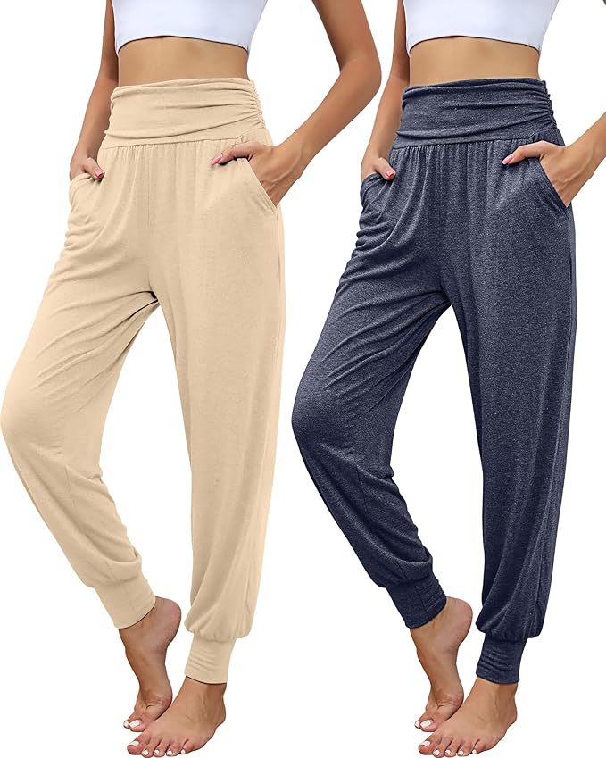 2 Pack Women's Yoga Joggers, Cozy Sweatpants with Pockets Casual Loose Comfy High Waisted Lounge Pants