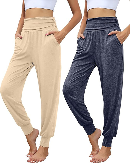 2 Pack Women's Yoga Joggers, Cozy Sweatpants with Pockets Casual Loose Comfy High Waisted Lounge Pants