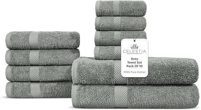 100% Combed Cotton Bathroom Towel Set of 10- 2 Bath Towels, 4 Hand Towels, 4 Wash Cloths, Sustainable, Soft, Highly Absorbent 10 Piece Cotton Bath Towel Set Ideal for Hotels, Spa, Bathroom, Dorm, Grey