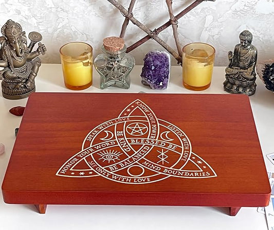 Altar Table, Meditation Table, Small Altar Table, Wooden Witch Altar, Wiccan Alter Table, Buddhist Shrine, Engraved Triquetra （The Celtic Trinity Knot） on Table Top, 12 × 8 inches