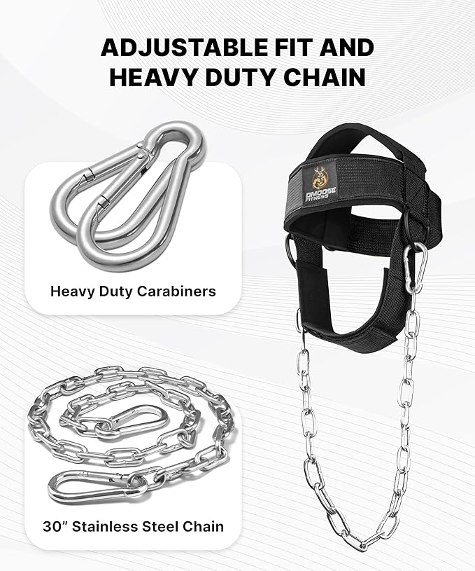 DMoose Fitness Neck Harness for Weight Lifting - Soft Padded Head & Chin Strap with 30" Heavy Duty Steel Chain - Neck Exerciser, Trainer & Strengthener to Support Injury Recovery and Intense Workouts