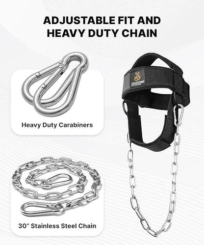 DMoose Fitness Neck Harness for Weight Lifting - Soft Padded Head & Chin Strap with 30" Heavy Duty Steel Chain - Neck Exerciser, Trainer & Strengthener to Support Injury Recovery and Intense Workouts