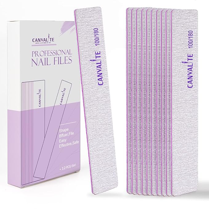 Canvalite 12pcs 100/180 Grit Coarse Nail Files for Acrylic Nails Professional Nail File Reusable Emery Board Nail Styling Tools for Home and Salon Use