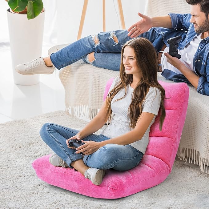 Moccha 14-Position Floor Chair, Folding Sofa Chair with Back Support, Memory Foam Floor Gaming Chairs for Adults, Adjustable Padded Couch Recliner Sleeper Bed for Reading, Meditating, Pink
