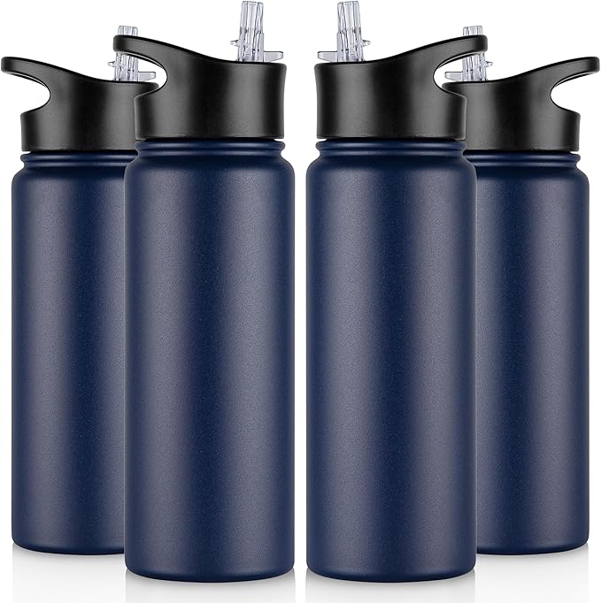 24 oz Insulated Water Bottle Bulk 4 Pack, Stainless Steel Sports Water Bottles with Straw Lid & Wide Mouth Lids, Double Walled Vacuum, Leak Proof, Blue