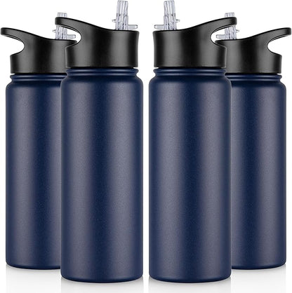 24 oz Insulated Water Bottle Bulk 4 Pack, Stainless Steel Sports Water Bottles with Straw Lid & Wide Mouth Lids, Double Walled Vacuum, Leak Proof, Blue