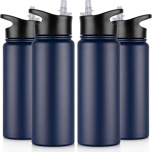 24 oz Insulated Water Bottle Bulk 4 Pack, Stainless Steel Sports Water Bottles with Straw Lid & Wide Mouth Lids, Double Walled Vacuum, Leak Proof, Blue
