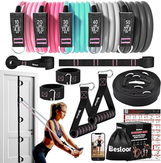 Resistance Band Set. Exercise Bands with Handles, Door Anchor and Ankle Strap. Home Gym, Supports Full-Body Workouts - with Training Guide and Fitness Video