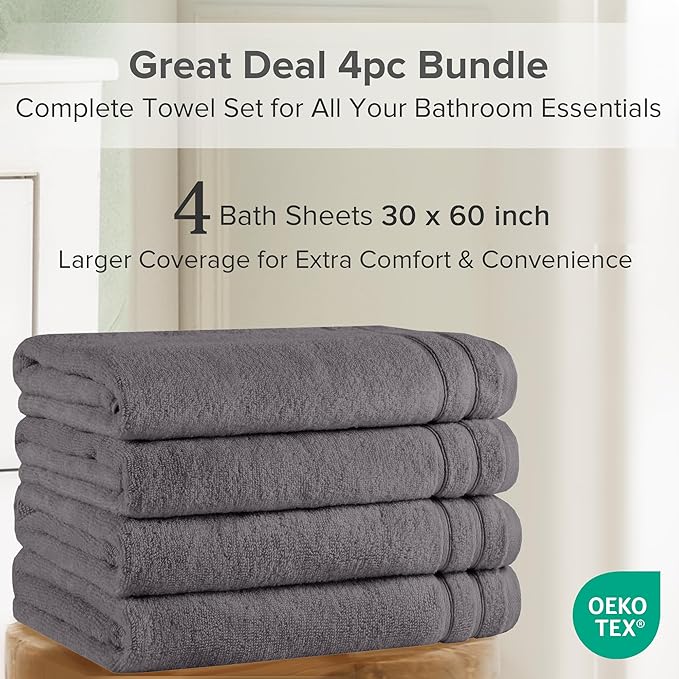 Comfort Spaces Extra Large Bath Towel Set of 4 Piece 30x60 Bath Sheet Set Shower Towel Beach Towel 100% Cotton Bathroom Towel Set Quick Dry Oversized Highly Absorbent Soft 400GSM Dark Grey Dual Layer