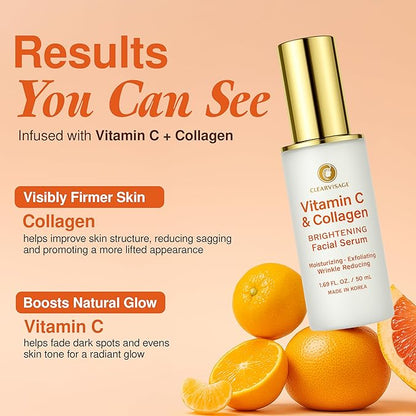 Vitamin C & Collagen Serum - Illuminating Anti-Aging, Luminous Complexion, Brightens Skin - Dermatologist Tested, Korean Skin Care, Cruelty Free, Natural Ingredients - 1.69 fl. oz