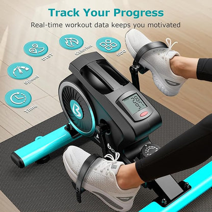 pooboo Under Desk Bike Pedal Exerciser, Quiet Magnetic Mini Exercise Bike with 16 Resistance Levels, Arm & Leg Workout, Resistance Bands & Non-Slip Mat for Home Office Therapy