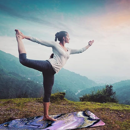 QiyI Yoga Mat Towel with Corner Pockets, Non Slip Sweat Absorbent Hot Yoga Towels, Soft Yoga Blankets with Travel Bag, Skidless Mat Cover for Workout, Gym, Fitness - 74"x26", Purple Gold Marble